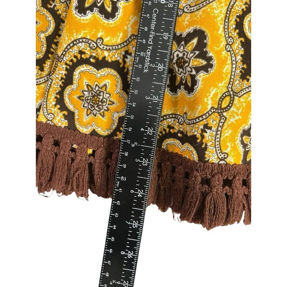 Vtg Midi Full Skirt Yellow Brown Tassels Waist 60s 70s Retro Talon Zipper
